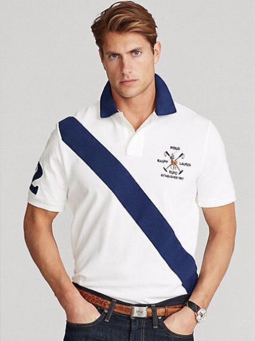 Ralph Lauren White Polo with Navy Diagonal Stripe
